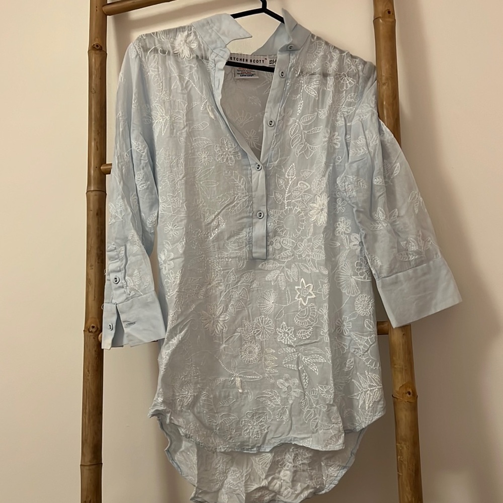 Gretchen Scott Light blue embroidered blouse